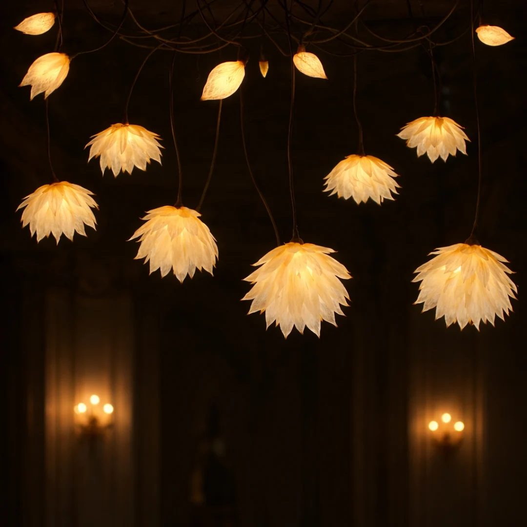 Flores de luz suspendidas en un salón histórico